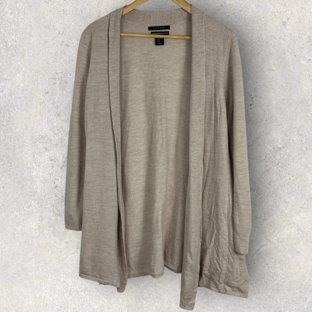 Tahari 100% Merino Wool Cardigan Size XL Knit Open Front Extra Fine Neutral Norm